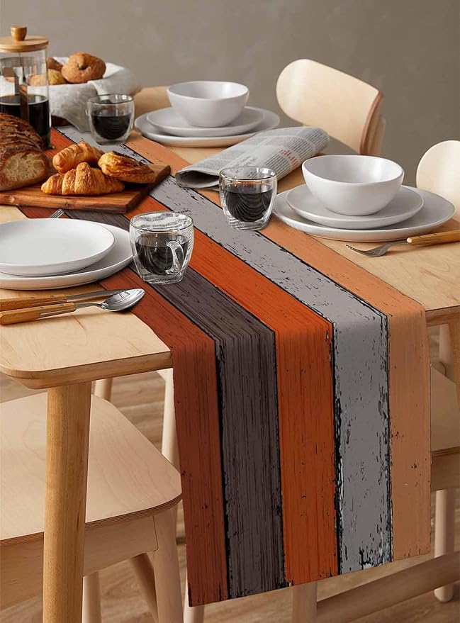 Farmhouse Cotton Linen Table Runner Dresser Scarf Retro Rustic Barn Wood Texture Ombre Burnt Orange Gray Non-Slip Rectangle Settings Decoration for Kitchen Home Dining Holiday,72 inches Long