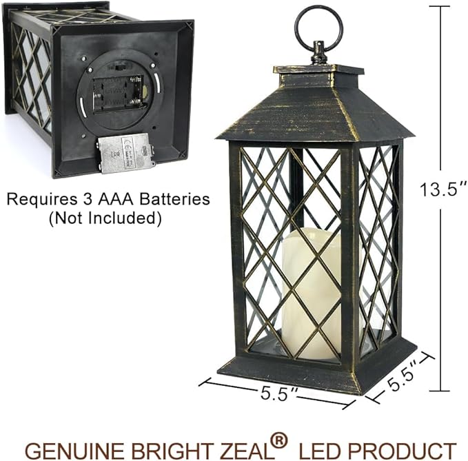 Bright Zeal 13.5" Outdoor Candle Lantern Decorative with LED Pillar Candle Battery Powered (Distressed Gold, 6hr Timer) - IP44 Waterproof Decorative Tabletop Lanterns Hanging Lanterns Indoor Outdoor