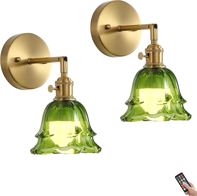2 Pack Vintage Battery Operated Wall Sconces, Rose Green Lampshade & 180 Degree Adjustable, Wireless Rechargeable RGB Wall Light with Remote Control, for Bedroom Living Room Hallway Aisle