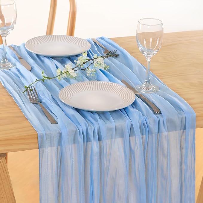MLMC 3 Pack Light Blue Cheesecloth Table Runner Baby Blue Table Runner 10ft Sheer Rustic Cheese Cloth Baby Shower Decorations 35x120 Inches for Birthday Gender Reveal Baby Shower Wedding Decor