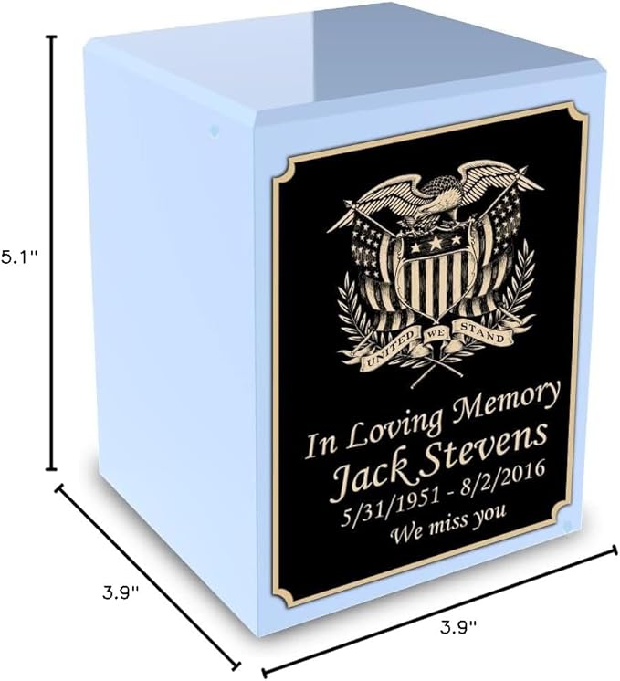 GetUrns Custom American Glory Small Urn Box for Human Ashes I Personalized Wooden Keepsake Cremation Urn for Male or Female I Light Blue Memorial Box I 40lbs