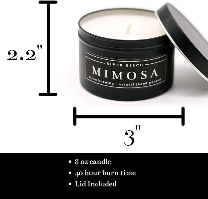 River Birch Candles Mimosa Scented Candle | Premium, All-Natural, Non-Toxic, Soy Candles | 8 oz. Black Matte Tin Travel Candle | Cozy Relaxing Gifts for Home