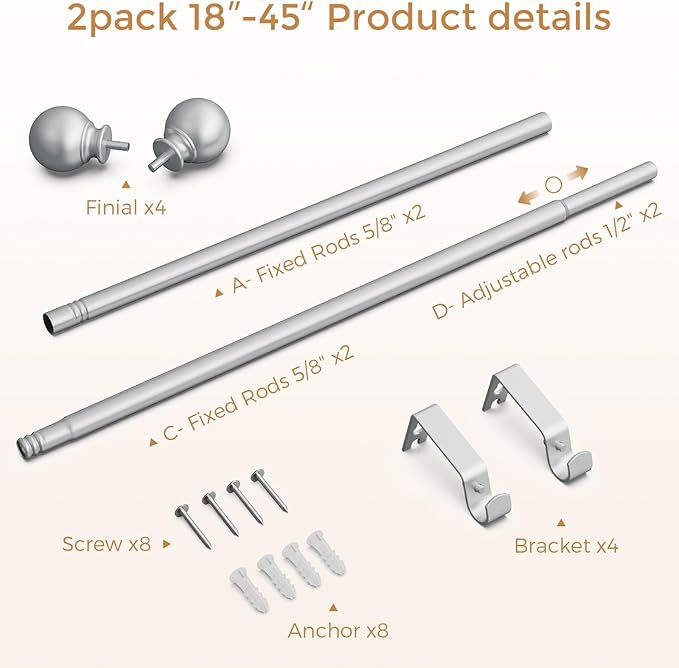 2 Pack Silver Curtain Rod for Windows 18-45 Inch, 5/8 Inch Small Window Treatment Rods, Short Adjustable Splicing Drapery pole, Silver