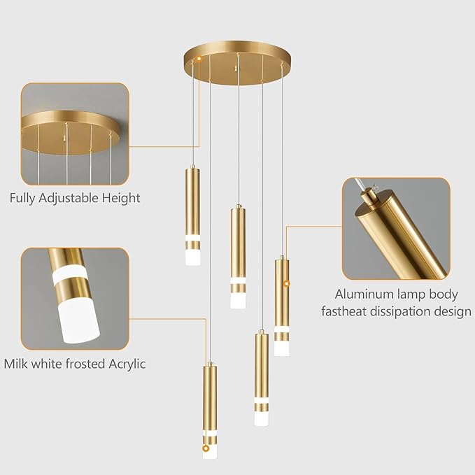 5-Light Modern Pendant Light Kitchen Island Light Fixture Dimmable LED Gold Mini Pendant Lights Dinning Room Kitchen Chrome Pendant Lighting