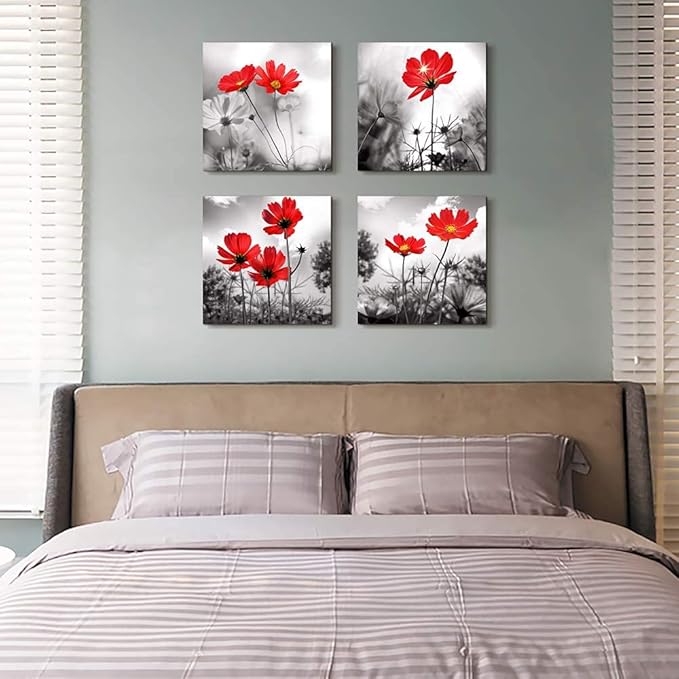 Wall art 4Panel Modern Salon Theme Black and White Plant The red flower Flower Abstract Painting Still Life Canvas Wall Art for Home Decor Flower Canvas Print Wall Art Painting For Living Room Decor