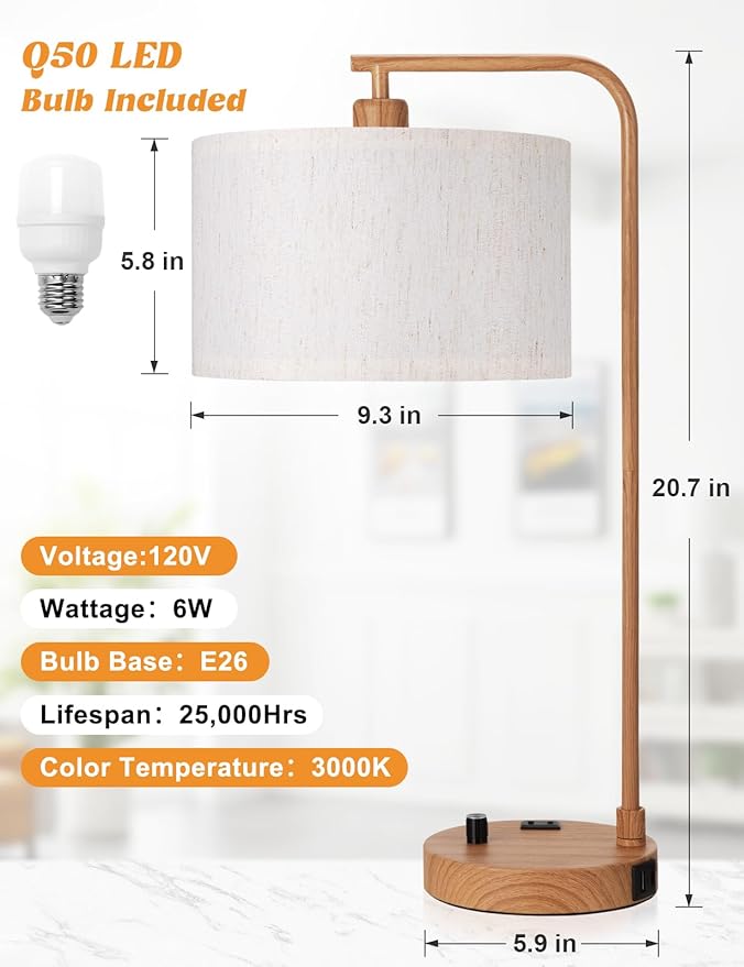 Innqoo Wood Tall Table Lamp with USB Port and Outlet, Dimmable Nightstand Bedside Lamps with Linen Lampshade, Desk Lamp for Bedroom, Living Room, Guest Room, Home Office, LED Bulb Included