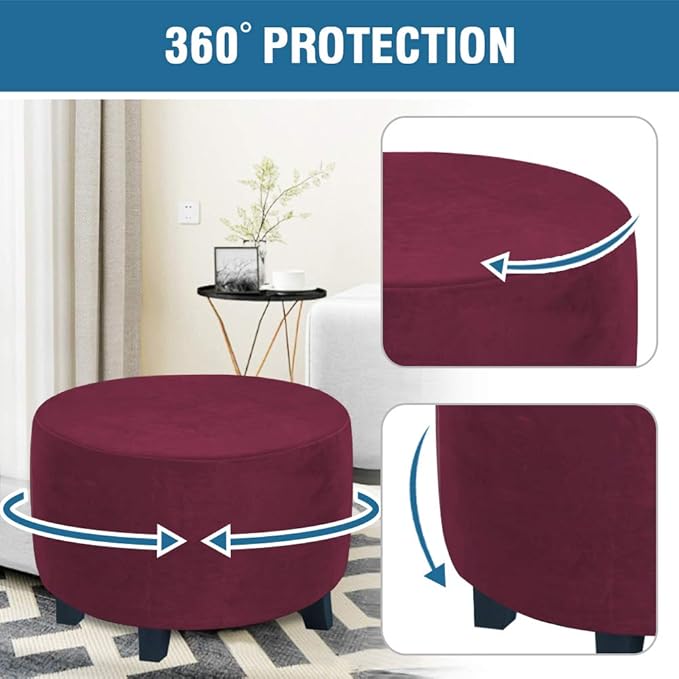 H.VERSAILTEX Round Ottoman Slipcover Ottoman Covers Slipcover Footstool Protector Covers Storage Stool Ottoman Covers Stretch with Elastic Bottom, Feature Real Velvet Plush Fabric (Medium, Burgundy)