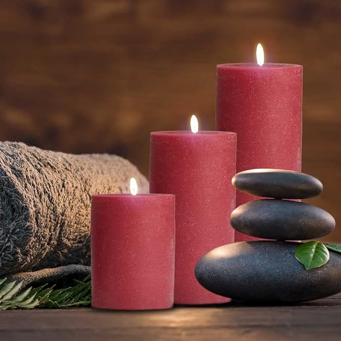 BASK Mottled Pillar Candles - Unscented Burgundy Candles Set of 3 - Dripless, Smokeless for All Occasions