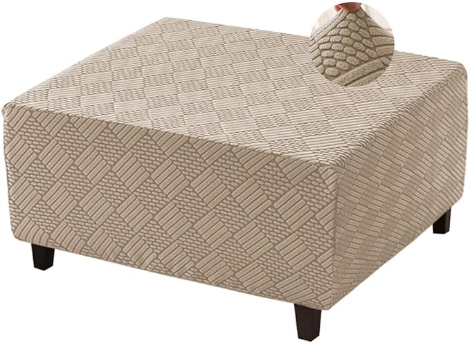 Square Ottoman Cover Large Stretch Storage Ottoman Bench Covers Slipcovers Cube Jacquard Covers for Square Ottomans Coffee Table Footrest Stool Cover with Elastic Bottom S Khaki
