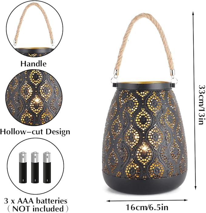 TRIROCKS Set of 12 Moroccan Style Metal Lamp 8''H Battery Operated Cordless Table Lamp Vintage Lantern for Living Room Garden Yard Patio Parties Event Indoors Outdoors (Black with Gold Brush)