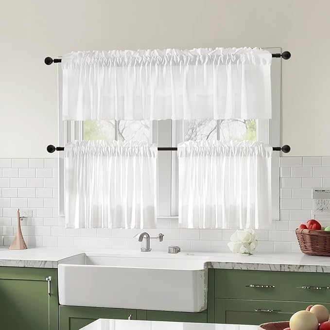Anmao Non-See-Through Valance Kitchen Curtains 18 Inch Length 2 Panels Set, Off White Privacy Light Filtering Semi Sheer Over Sink Short Cafe Curtain Tiers for Small Windows, 25W x 18L, Ivory White