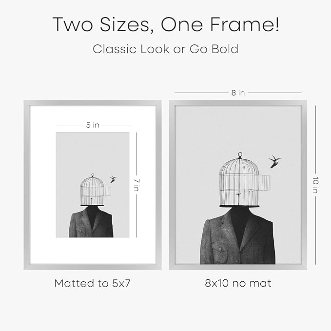 Homeforia Silver Picture Frame 8x10, High End Metal 8 x 10 Photo Frames with Mat 5 by 7 Art, 10x8 Thin Frame Matted to 5x7 inch Print, 10by8 Wall or Tabletop Frames, Tempered Glass, Wall Kit, Set of 3