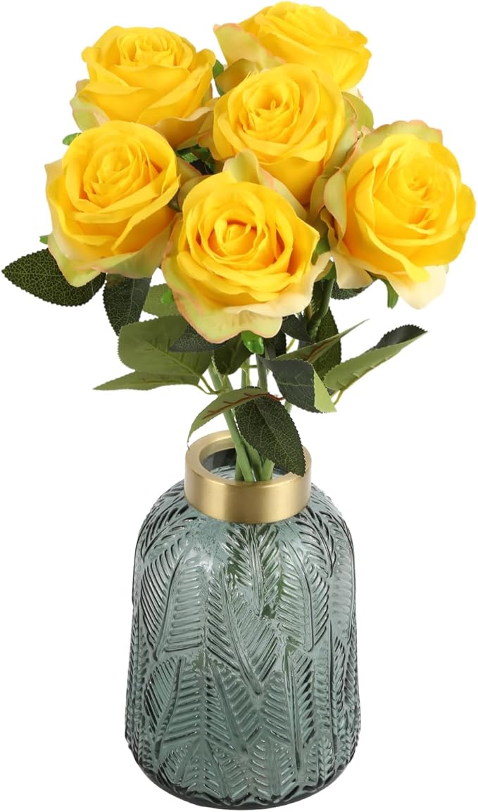 IPOPU 6PCS Yellow Silk Lop-Sided Rose Artificial Flower with Long Stem Fake Leaf Roses, Artificial Long Stem Fake Roses Suitable for DIY Wedding, Home Decoration and Outdoor Party.