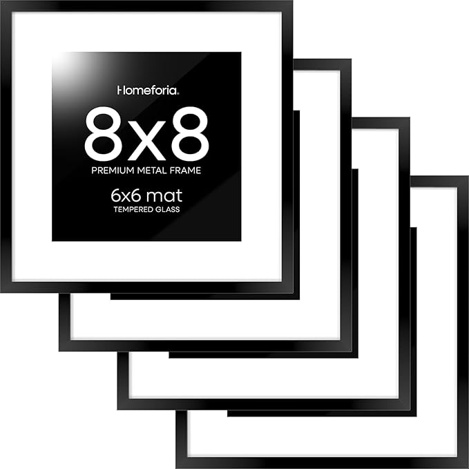 Homeforia 8x8 Black Picture Frame, High End Metal 8 x 8 Square Photo Frames with Mat 6 by 6, 8x8 Poster Frame Matted to 6x6 inch Print, 8by8 Wall or Tabletop Frames, Tempered Glass, Wall Kit, Set of 4
