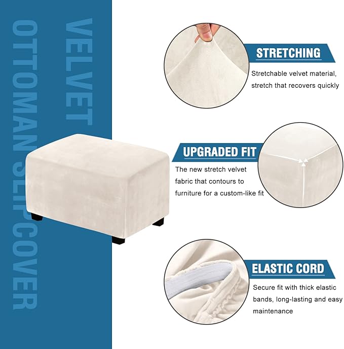 H.VERSAILTEX Ottoman Covers Slipcover Rectangle Real Velvet Plush 1 Piece Form Fit Stretch Folding Storage Covers Ottoman Slipcovers Removable Footrest Covers Elastic Bottom Washable(X-Large, Ivory)