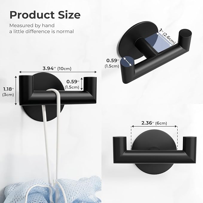 2 Pack Black Bathroom Hooks for Towels - Self Adhesive Double Hooks for Wall, No Drilling, Matte Finish, Strong Hold for Robes, Coats, Shower Use