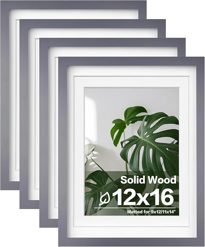 Egofine 12x16 Picture Frames with Plexiglass, Display Pictures 9x12/11x14 with Mat or 12x16 Without Mat Set of 4 for Wall Mounting,Dark Grey