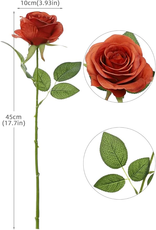 Artificial Rose 30Pcs Burnt Orange Rose Flower Artificial Flowers Flower with Long Stem Silk Roses Bouquet for Wedding Bridal Shower Party Home Decoration