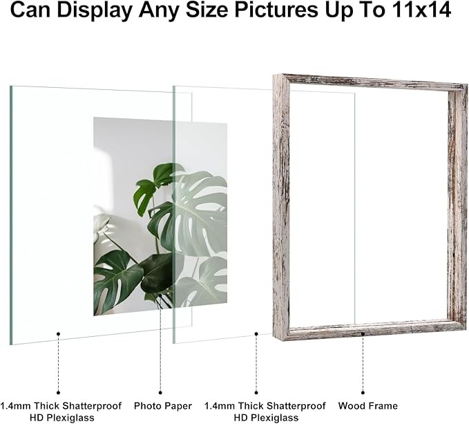 Egofine Distressed White 11x14 Floating Frames Set of 2, Double Plexiglass Picture Frame, Made of Solid Wood Display Any Size Photo up to 11x14, Wall Mount or Tabletop