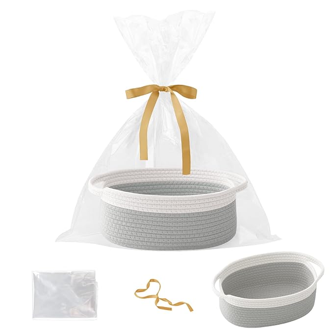 Small Woven Rope Basket-Empty Gifts Basket with Bag and Ribbons,Cute Handle Organizer Box for Birthday/Baby Shower, Toy Storage, Nursery Organizing & Shelf Decor(White&Grey)
