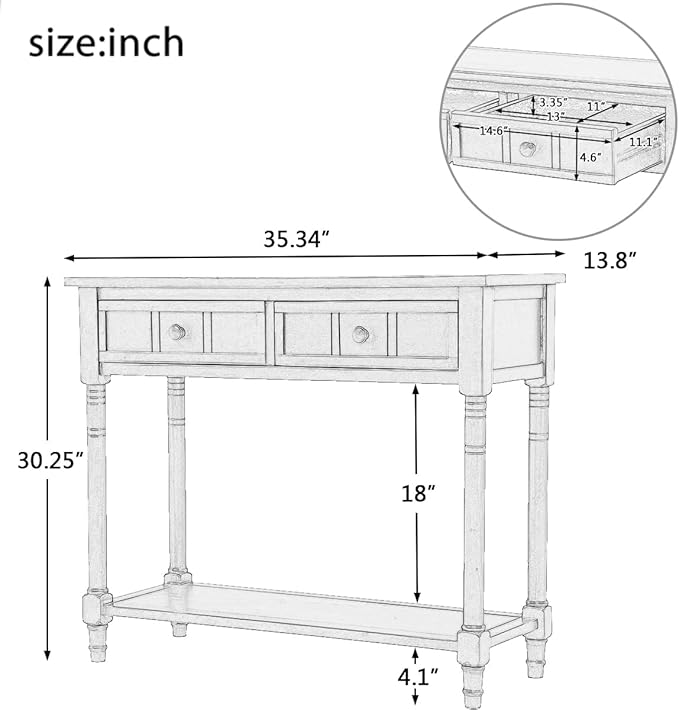 Knocbel 35.5 Inch Antique Entry Console Table with Drawers & Bottom Open Shelf, Solid Wood Sofa Couch Table for Entryway Hallway Living Room (Navy)