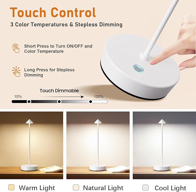 Rechargeable Cordless Table Lamp, 6000mAh LED Battery Operated Desk Lamp Touch 3 Color Stepless Dimming Portable Outdoor Waterproof Table Light for Patio/Restaurant/Dining/Home (White)