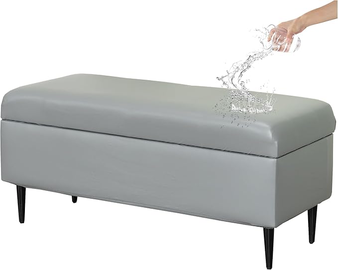 CRFATOP Waterproof PU Ottoman Stool Cover Stretch Folding Storage Footstool Bench Slipcovers Upholstered Foot Chest Chair Covers Washable Entryway Furniture Protector with Elastic Bands,L,Dark Grey