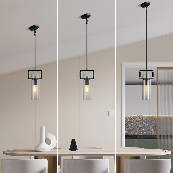 Modern Black Kitchen Island Pendant Lights, 12 Inch 1-Light Adjustable Pendant Light with Glass Shade & Brass Finish, Hanging Light Fixture for Kitchen, Dining Room,Bathroom, Living Room