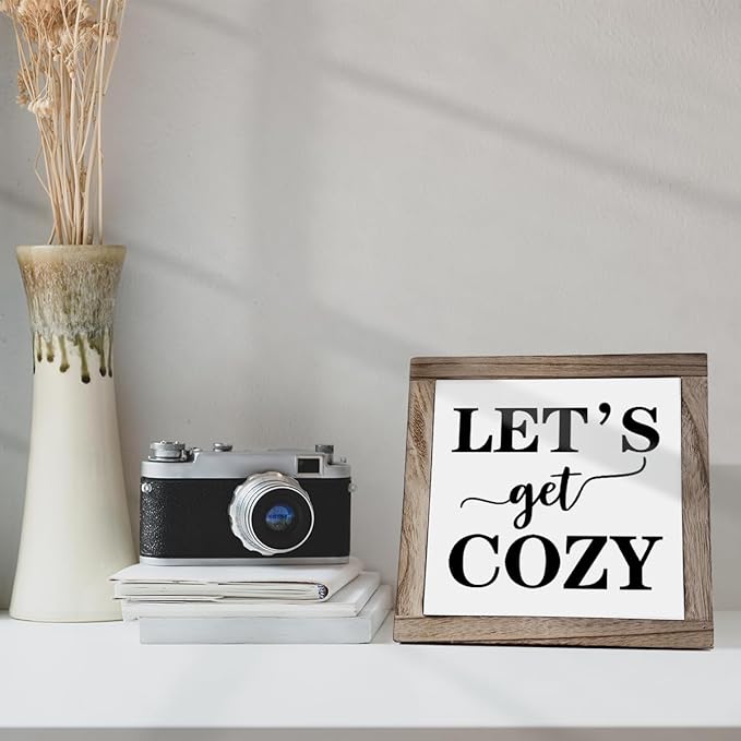 Cozy Bedroom Décor, Let's Get Cozy, Home Décor, Farmhouse Table Décor, Farmhouse Decor for Shelves, Home Decoration Sign for Shelf, Suitable for Placement on Living Room or Bedroom Shelves