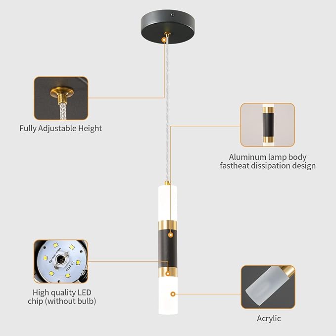 Modern Kitchen Island Light Fixture Dimmable LED Black Mini Pendant Light Bedroom Bedside Table Black Gold Small Pendant Lighting (1-Pack)