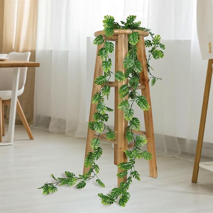 RECUTMS 6Pcs Artificial Monstera Leaf Vines, 5.9FT Faux Tropical Monstera Garland Fake Hanging Plant Ivy Palm Leave Greenery Vine for Garden Porch Patio Jungle Luau Party Birthday Indoor Outdoor Décor