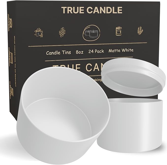 True Candle Tins for Making Candles - 24 Pack of 8 oz White Candle Containers Bulk - Empty tins with lids for Candles - Premium Metal Jars, DIY Vessels | Painted Outside and Inside | Matte White