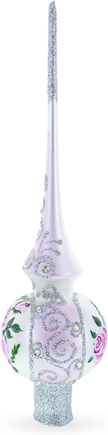 Pink Flowers Bouquet on Silver Glass Christmas Tree Topper 11 Inches