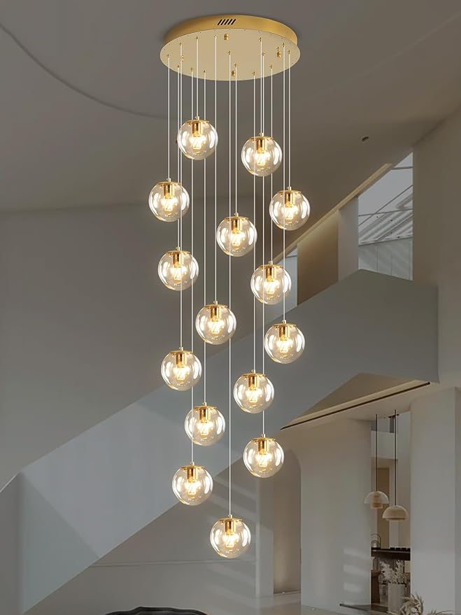 15-Light Gold Chandelier with Globe Glass Dimmable Ceiling Light Glass Pendant Light for Kitchen Island, Dining Room, Living Room, Entry Hallway, LED Bulbs Included