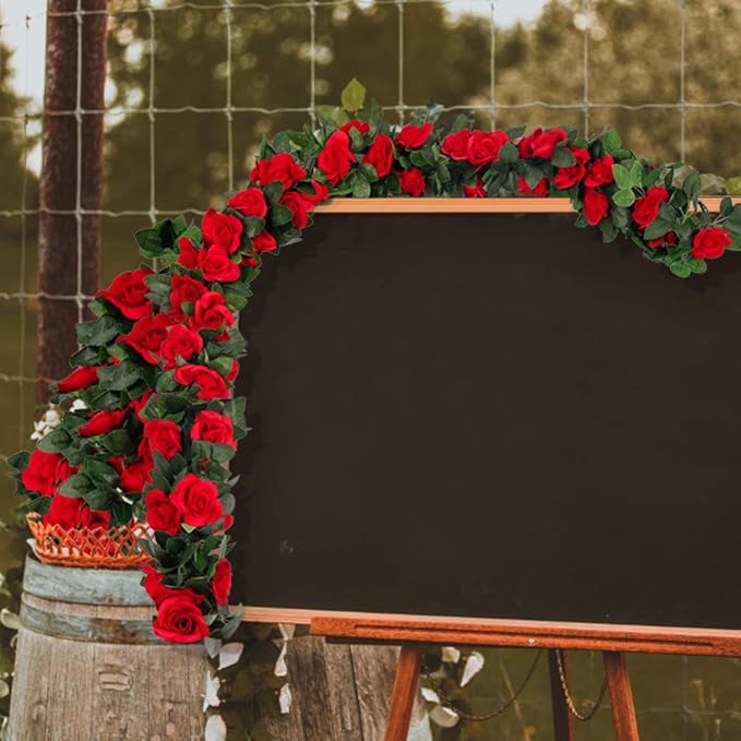 LESING Rose Garlands Artificial Rose Vines, 4PCS(28.8FT) Fake Silk Flower Garland with Greenery Plants Wedding Hanging Flower Vines Garlands for Home Office Arch Garden Decoration (Red)