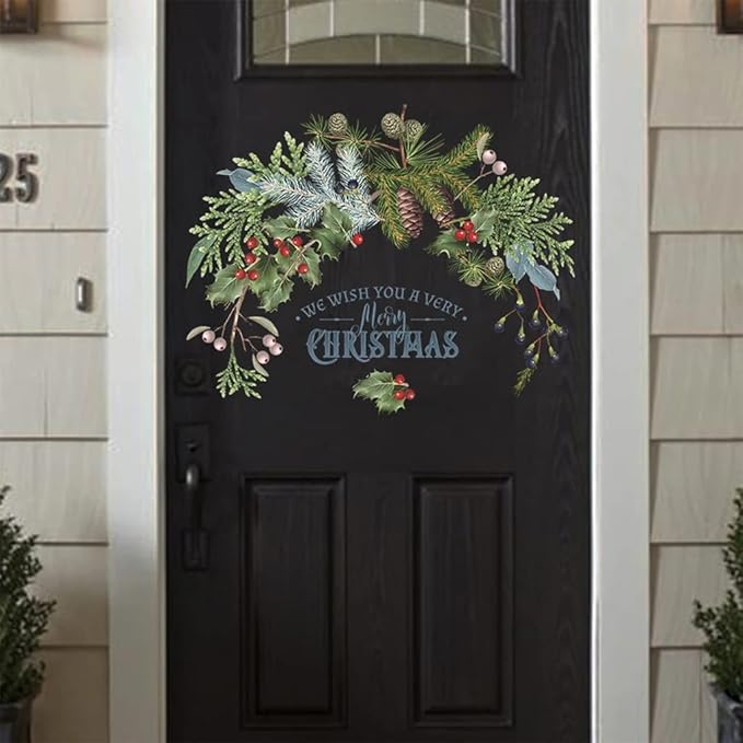 Christmas Wall Stickers Pine Cone Branches Green Plant Door Window Cling Decal Decals for Ornaments