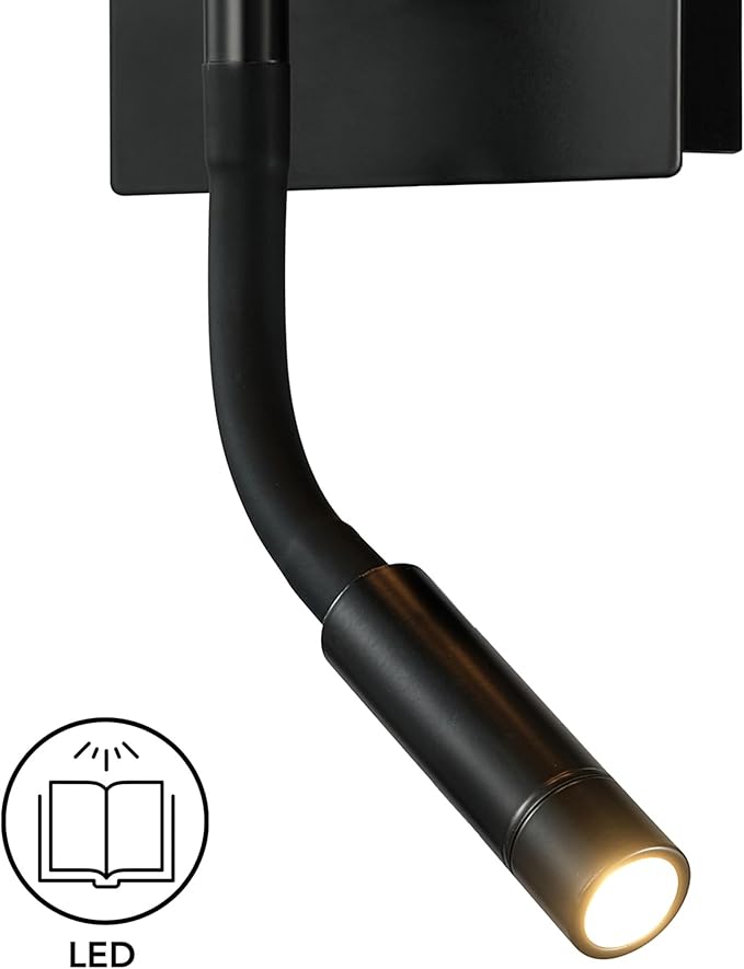 GLOBE Electric 1-Light Plug-in or Hardwired Wall Sconce with LED Integrated Reading Light, USB-A Port, USB-C Port, Matte Black, White Fabric Shade, On-Off Pull Chain and Rocker Switch