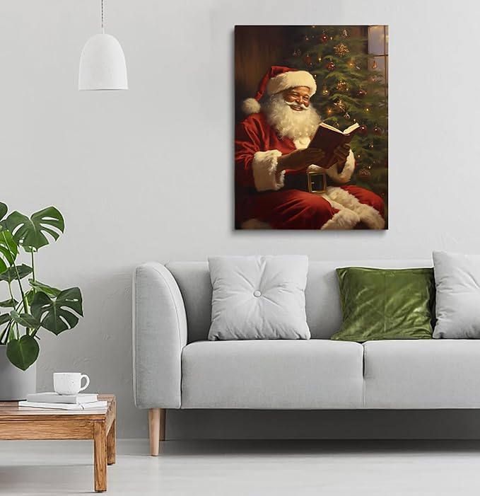 Christmas African American Santa Poster,Christmas Oil Painting Black Santa Reading Print,Vintage Black Santa Print,Christmas Reading Room Library Study Room Decor24x36inch Framed Art