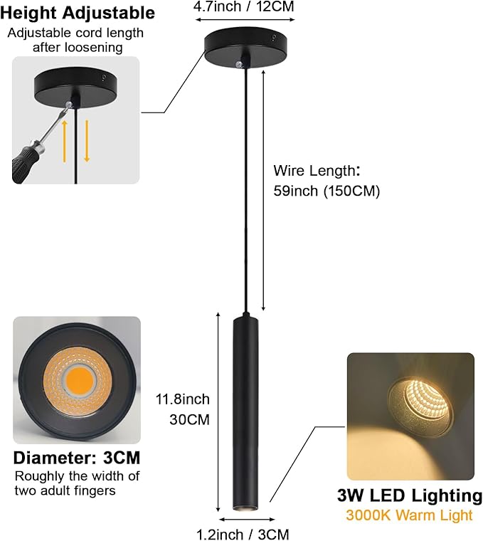 2 Pack Black Pendant Lights, Modern 3W LED Pendant Light Fixtures for Kitchen Island, Long Tube Hanging Light Cord Adjustable for Dining Table Bedroom Bar Hallway (11.8 Inch, 3000K)