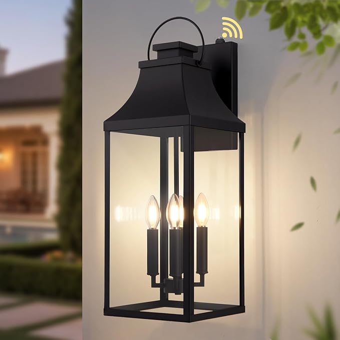 tewei 25'' Dusk to Dawn Outdoor Wall Light, Large Black Outdoor Porch Light Waterproof Patio Lanterns, Exterior Wall Mount Lighting Fixtures, 4-Light Outside Garage Sconces for House Front, 1-Pack