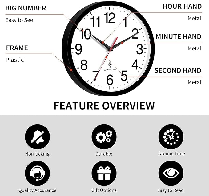 Atomic Wall Clock, Modern 12 Inch Battery Operated Wall Clocks, Analog Clock for Living Room, Office, Home, Bedroom, Kitchen, Bathroom(Black)