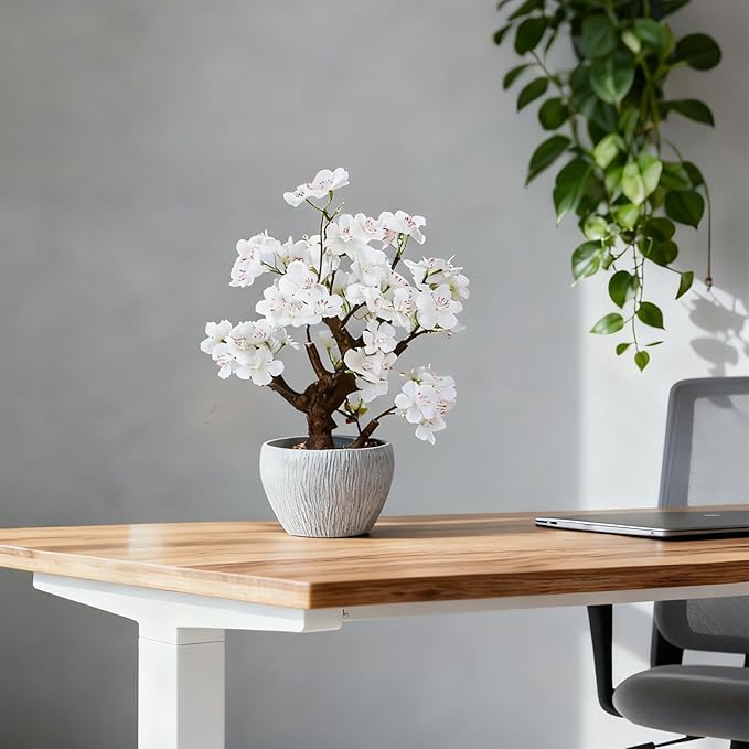 TOARTi Artificial White Cherry Blossom Potted Plant with Stone Pot, 12.6" Fake Flowers Potted Faux Plant Desk Decor, Realistic Decorative Plants Indoor Decor for for Home Bedroom Bathroom Office Desk