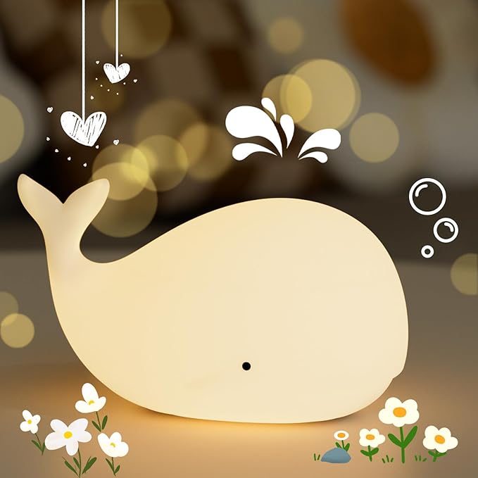 Silicone Night Light for Kids – Rechargeable Tap Control Lamp with 8 Colors, Cute Animal Design for Nursery, Toddler Room Decor, Gifts for Girls and Boys (Whale)