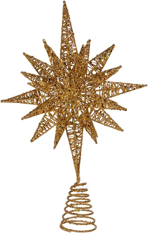 Kurt Adler Un-Lit Gold Glitter Wire 3D Star Treetop, 16.5-inch Length, Gold-Tone, Metal, Holiday Decor