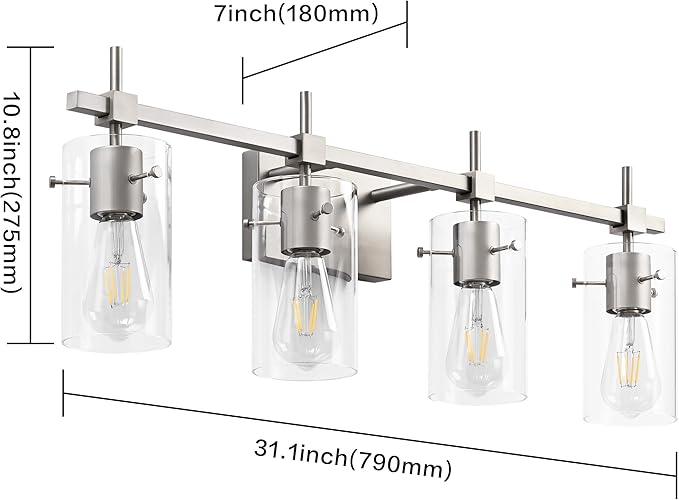 SOLFART 4 Light Bathroom Vanity Lights Bathroom Lights Over Mirror Vintage Bath Lighting Brushed Nickel Wall Sconce with Glass Shade