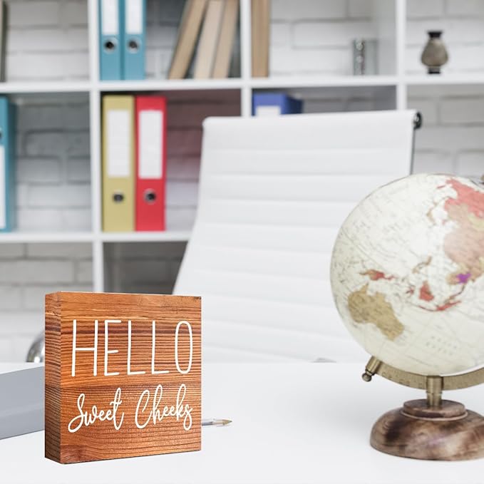 LVQHI Cute Bathroom Shelf Decor, Hello Sweet Cheeks Sign Wooden Box for Shelves Toilet Restroom Tabletop Decoration, Funny Brown Wood Bathroom Sign Decor, 5'' L x 5" H ﻿