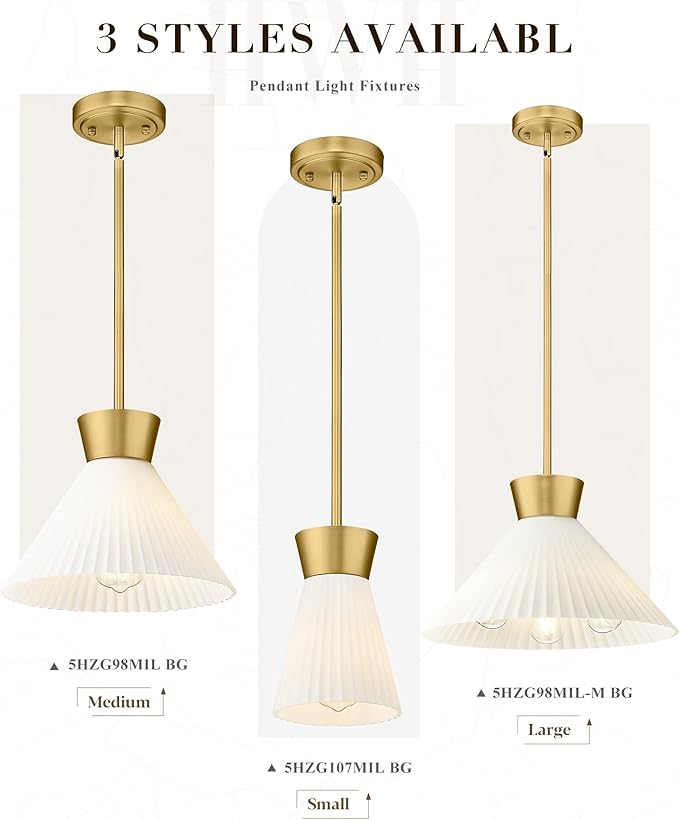 2 Packs Modern Pendant Light Fixtures, HWH Kitchen Island Lighting for Living Rooms, Dining Room, Hanging Light with Milk White Striped Glass, Gold Finish, 5HZG107MIL-2PK BG