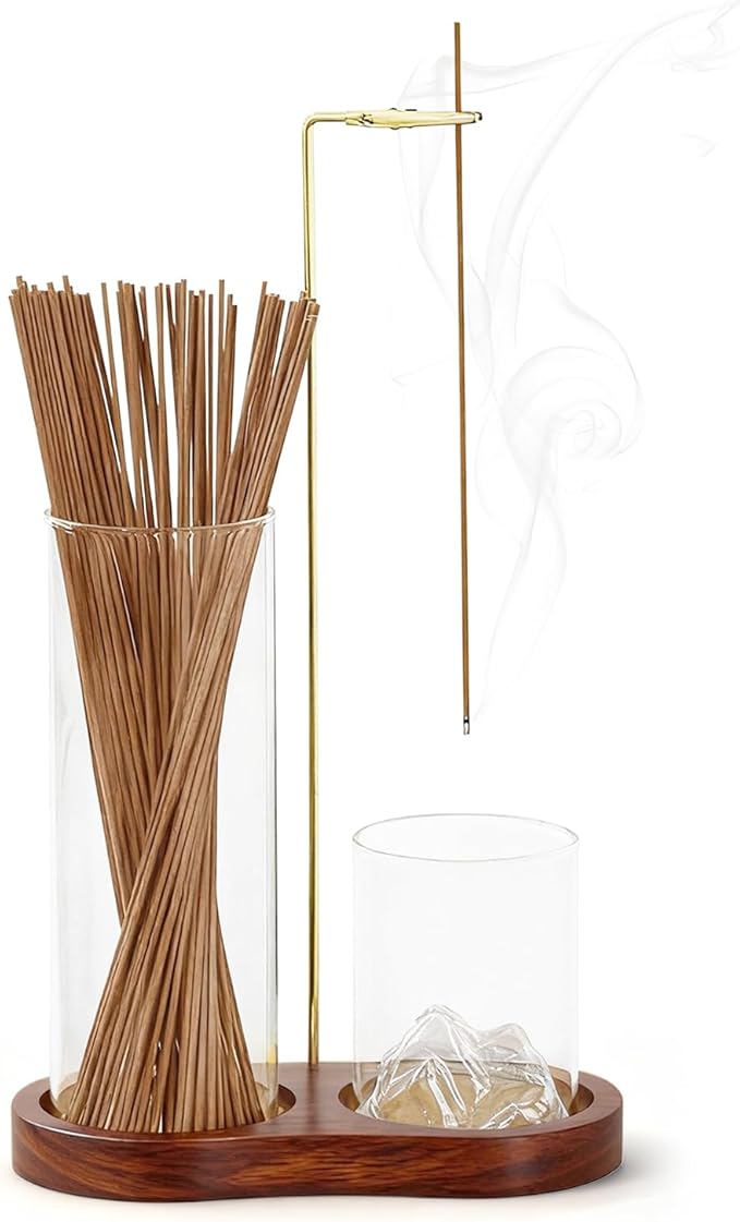 2-in-1 Walnut Wood Glass Incense Holder for Sticks, Anti-Ash Flying Incense Burner with Glass Ash Catcher & Incense Storage, Incense Stick Holder for Meditation, Yoga, Spa, and Home Decor