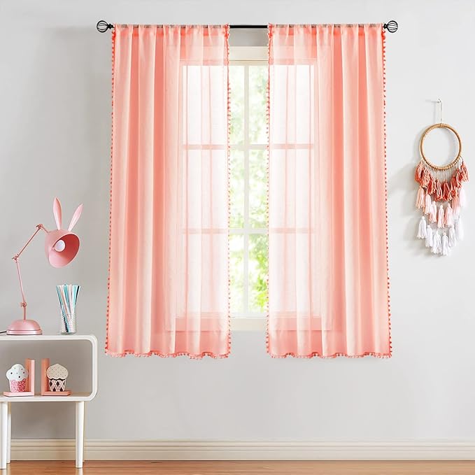 Treatmentex Pom-Pom Sheer Curtains for Girls Bedroom 63" Sheers for Living Room Window Drapes 52" w 2pack Blush Pink Rod Pocket
