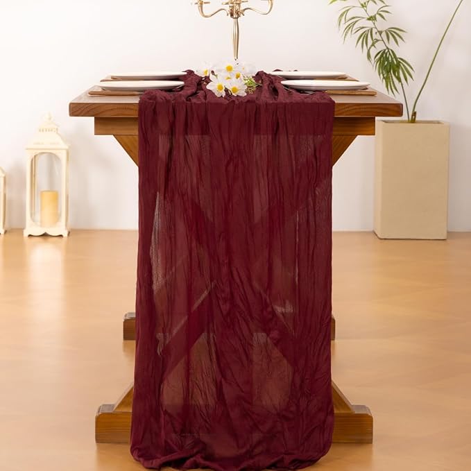 Socomi 10pcs Burgundy Red Valentine's Day Cheesecloth Table Runner Boho Rustic Gauze 120 inch 10FT Cheese Cloth Runner for Wedding Party Baby Shower Birthday Home Decor Holiday Decorations